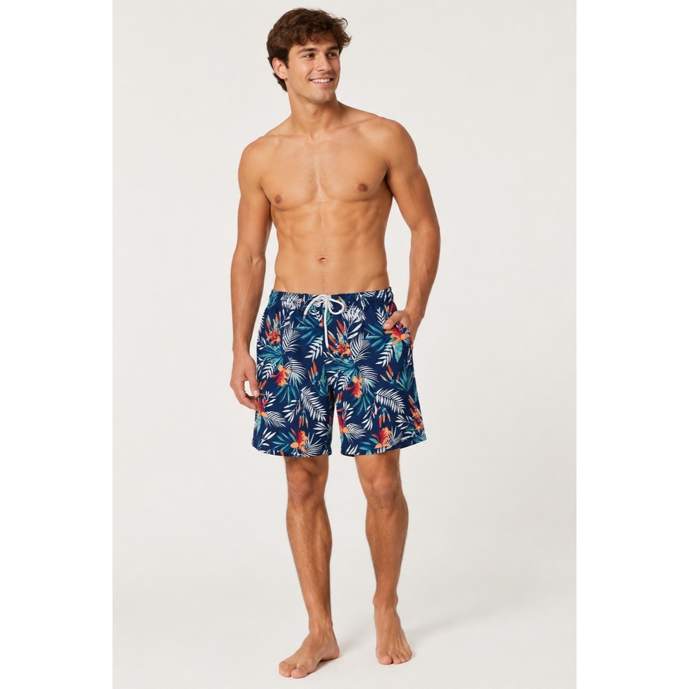 Kailua Surf Swim Trunks Mens XXL Blue Palm Drawstring Waist Pockets Mesh Lined